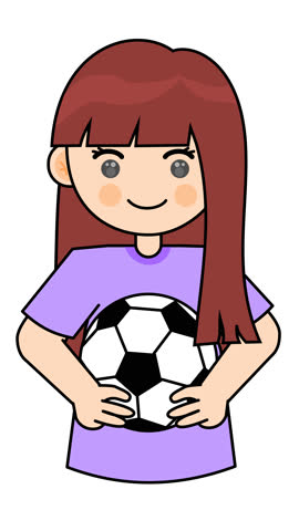 A female character is holding a soccer ball in a cartoon animation. Alpha channel. Seamless looping. Suitable for sports activities and game exercise video element content