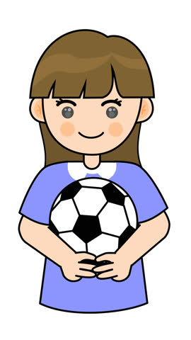 A female character is holding a soccer ball in a cartoon animation. Alpha channel. Seamless looping. Suitable for sports activities and game exercise video element content