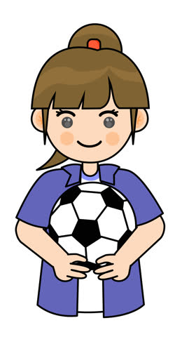 A female character is holding a soccer ball in a cartoon animation. Alpha channel. Seamless looping. Suitable for sports activities and game exercise video element content