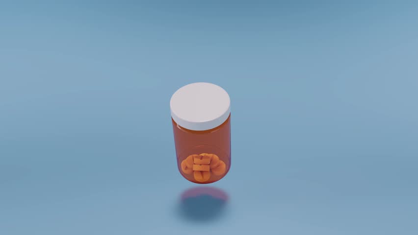 Rotating prescription bottle with tablets. The bottle cap opens and the pills rise and hang in the air. Mock-up for packaging design and advertising drugs. Isolated. Pastel background. 3D rendering