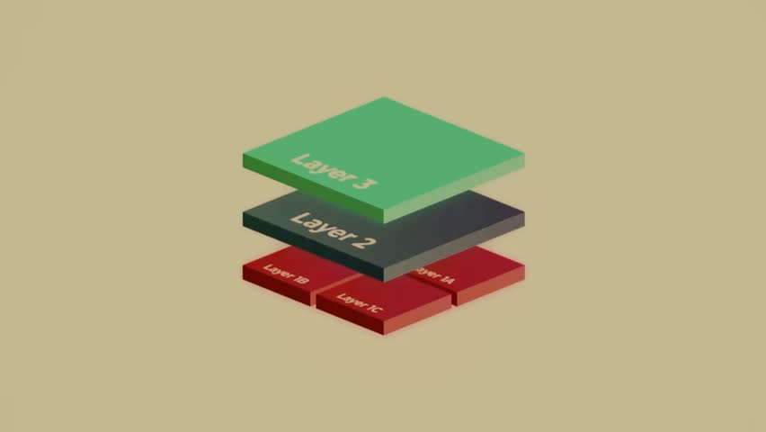 A modern isometric animation of layered geometric objects floating in vibrant colors against a soft neutral background.