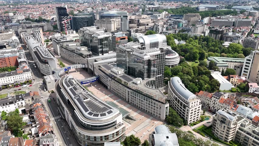 Drone shot of the European Parliament (Espace Leopold) in Brussels, Belgium