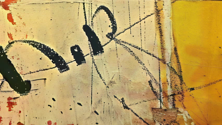 Warm yellow-orange painted surface with graffiti-style black lettering, distressed scratches, and tactile poster-like texture for urban abstract compositions