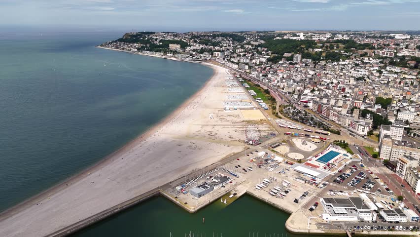Aerial footage of Le Havre Beach (Plage du Havre) in Normandy, France