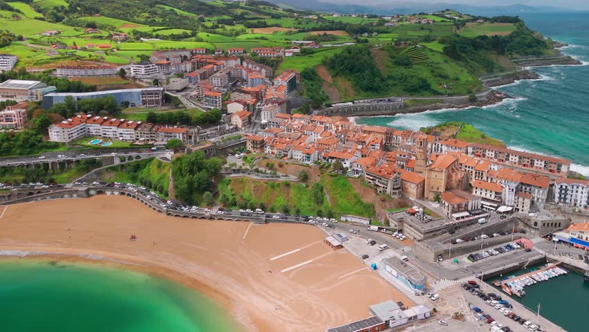 Aerial view of the Getaria town, Basque Country, North of Spain. Getaria is a beautiful village famouse for the quality of its gastronomy and Cristobal Balenciaga Museum