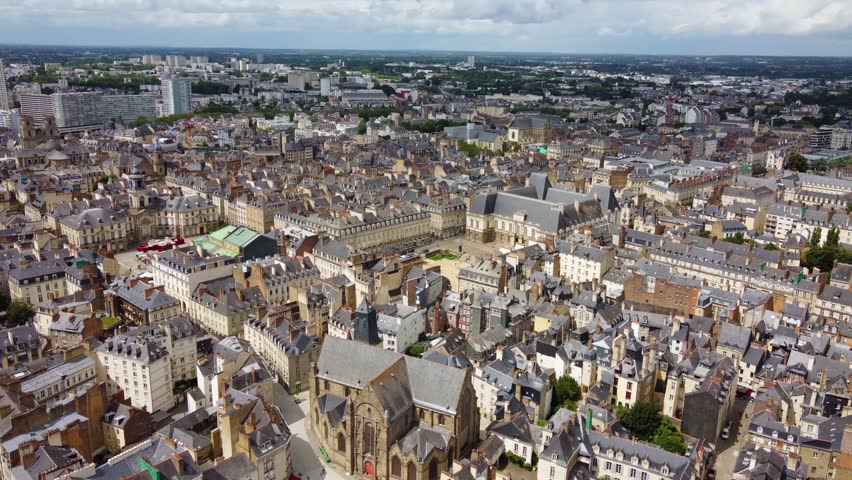 Parlement de Bretagne or Brittany Parliament, City Hall in Rennes city center, Cityscape, France. Aerial forward, panoramic view