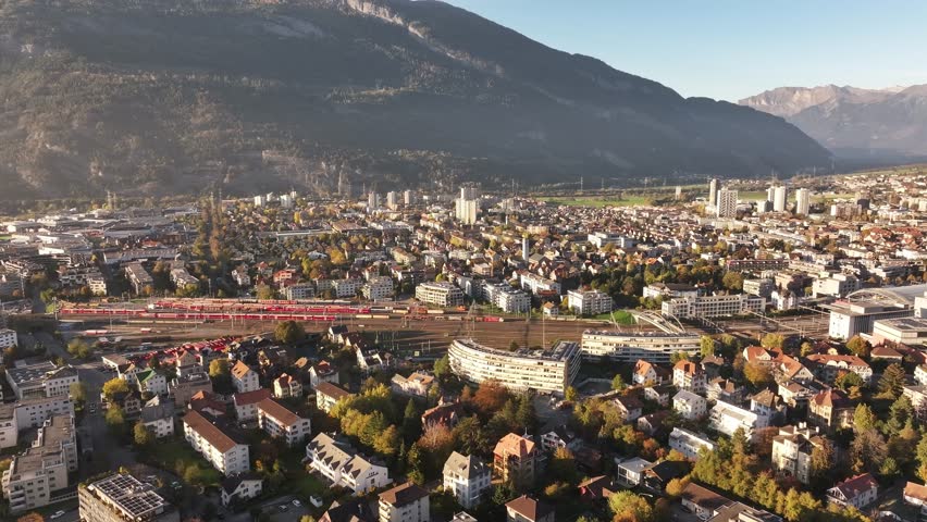 aerial - cityscape of Chur in Graubünden, Switzerland surrounded by mountains