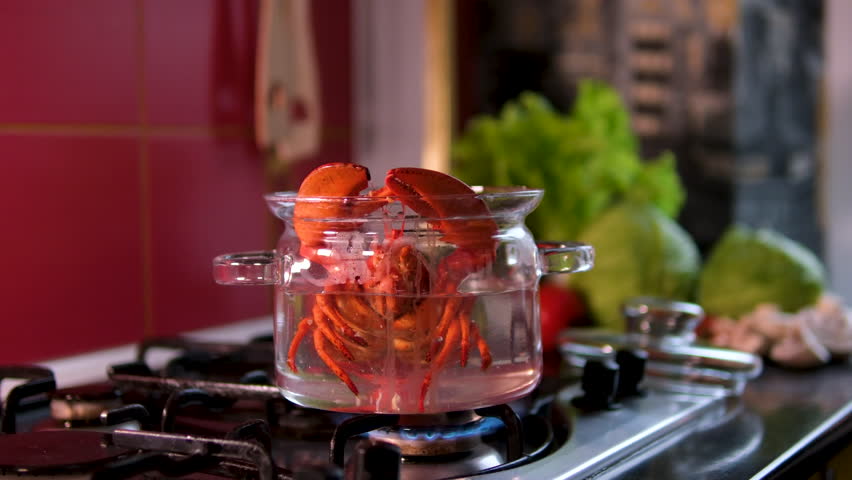 woman checks whether the lobsters are cooked for consumption