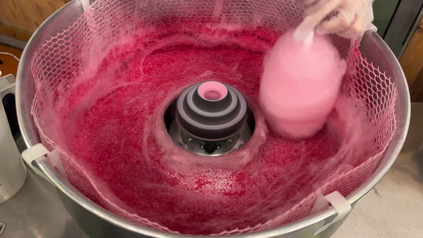 A man hands are preparing pink cotton candy on the street for kids 4k video