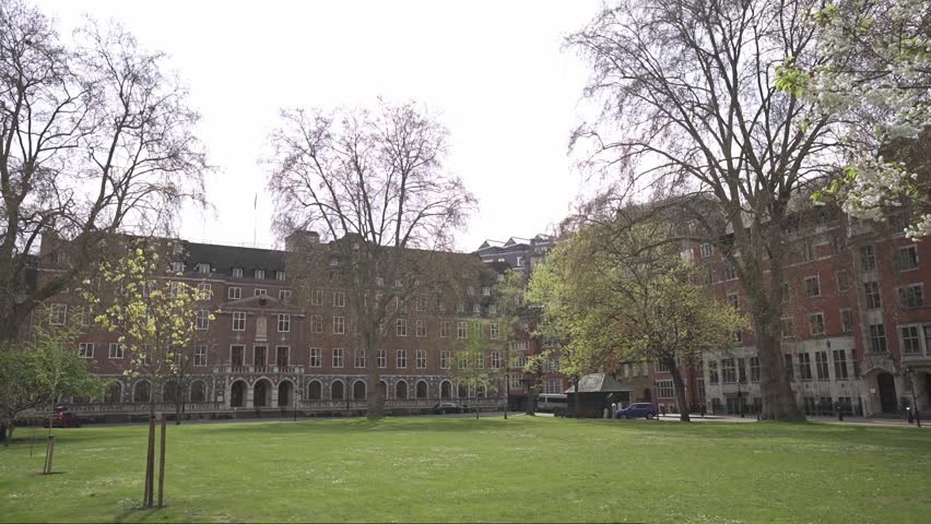 A peaceful park in London, surrounded by lush greenery, with striking red buildings in the background, blending nature with the vibrant cityscape.