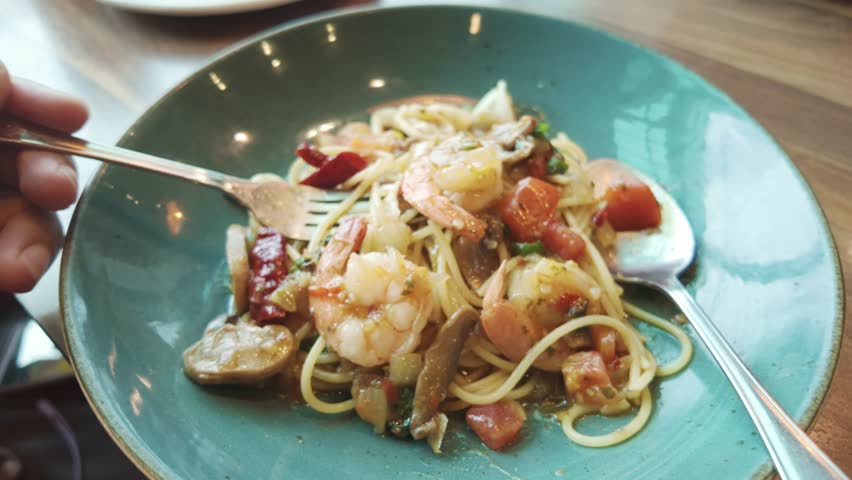 Close up spaghetti seafood thai style in the luxury restaurant