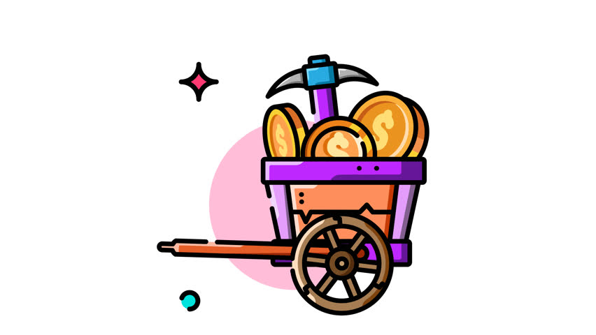 A fun cartoon of a mine cart full of gold coins and a pickaxe. Represents wealth, mining, success.