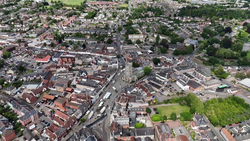 Sudbury town centre Suffolk UK drone,aerial high angle