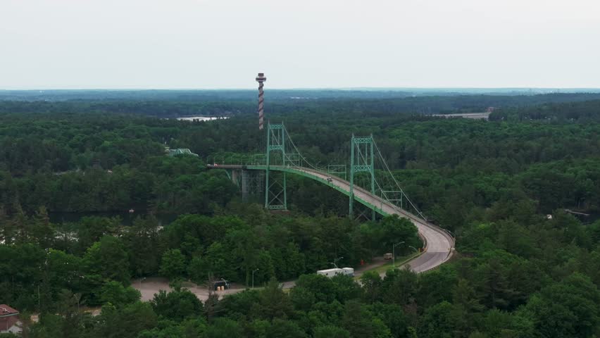 Aerial view Thousand Islands International Bridge United States to Canada summer Constance Island Georgina Island Hill Island Wellesley Island Highway 401 ON-137 border crossing New York St. Lawrence