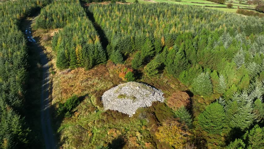 Mullyash Kerbed Cairn, County Monaghan, Ireland, November 2022. Drone orbits counter clockwise rising to a Bird