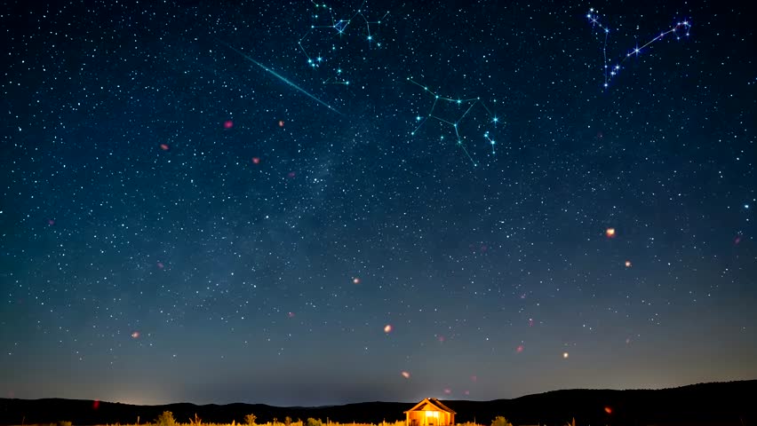 Night camping in mountains under starry sky. Tourist tents in campsite near burning campfire under beautiful sky full of stars with Milky way above forest. 
