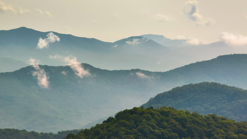 Great Smokey Mountains in summer rainy season. Mountain wooded hills in North Carolina Appalachians, USA