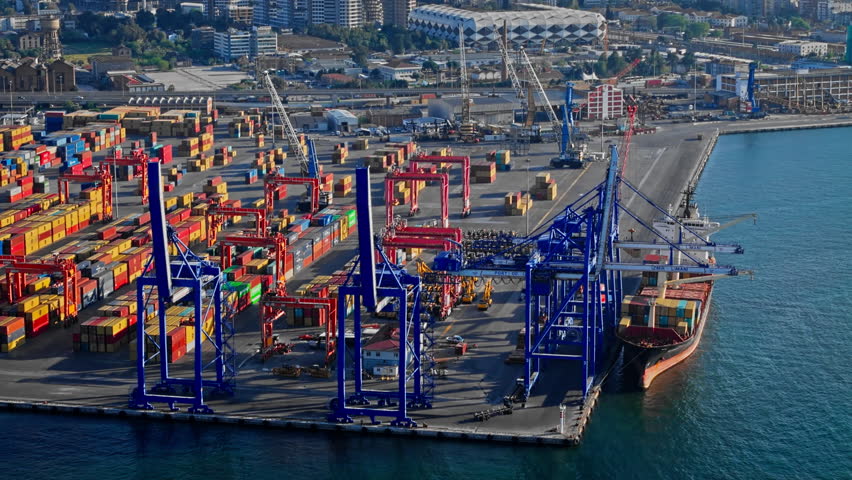 Container terminal with crane bridges in sea port, Global maritime trade and logistics and sea transportation of container cargo