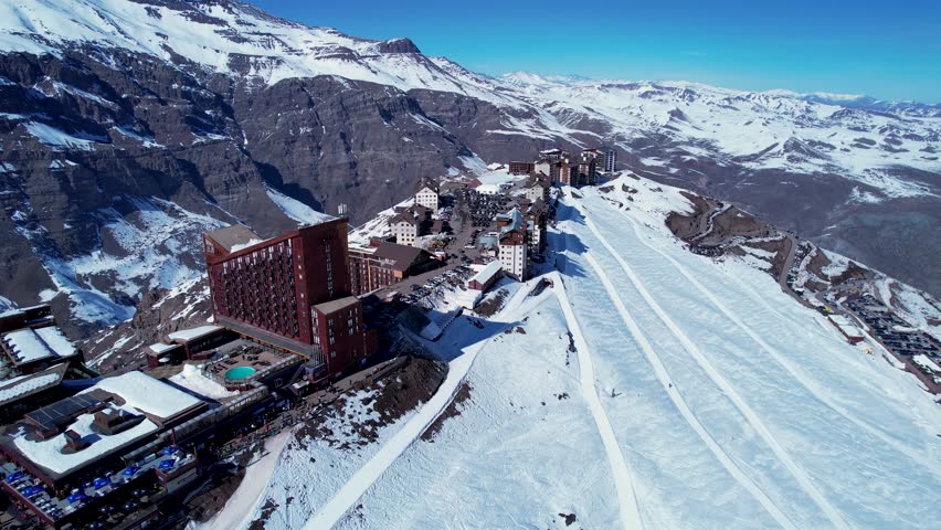 Ski Station Skyline In Santiago Chile. Snowy Mountains. Winter Center Landscape. Travel Background. Ski Station Skyline In Santiago Chile. Nature Scenery. Snowcapped Valley.