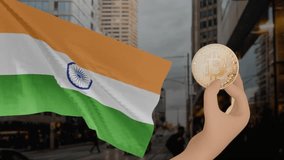 Zooming in on a golden bitcoin held by a hand, with a waving India flag and modern urban cityscape in the background, creating a powerful and engaging visual focus - Powered by Shutterstock - Get 15% off with code: PIKWIZARD15