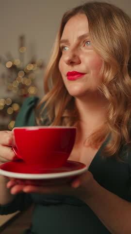 Close-up portrait of attractive pretty cute dreamy cheery girl drinking aromatic cacao latte from a red cup. Happy woman relaxing and smile in house indoors with christmas x-mas atmosphere decoration