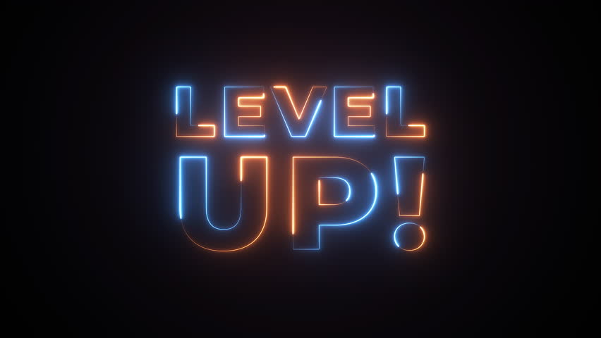 level up Neon Text advertisement promo animation video with dark background . High-quality 4K footage