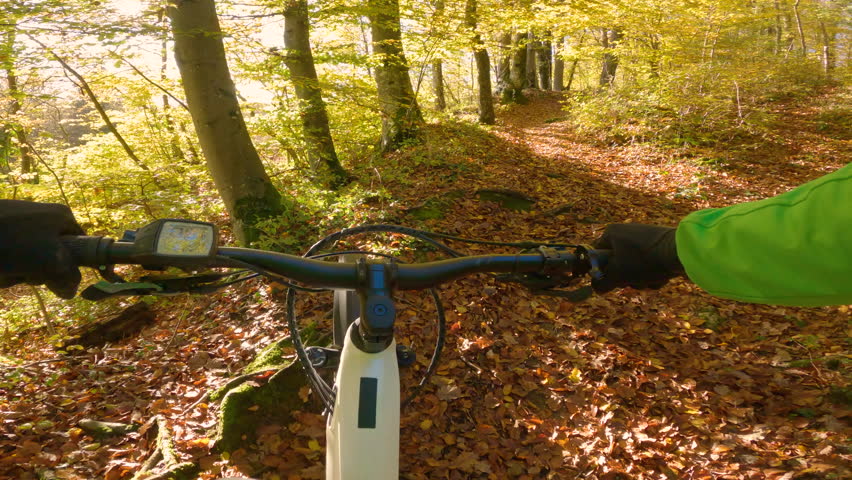 POV: Slowly pedaling an electric bicycle along a beautiful sunlit forest trail surrounded by trees changing colors in October. Riding an e-bike in the picturesque woodlands at the peak of autumn.