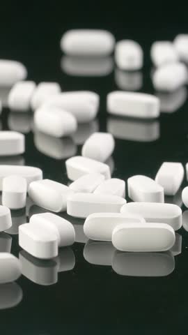 Vitamins and supplements fall onto a table in slow motion. Vertical Video.