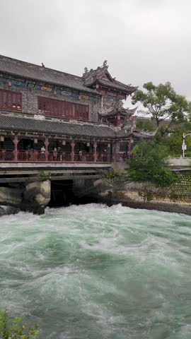 Tianfuyuan of Dujiangyan Irrigation System of Dujiangyan Old Town in Dujiangyan Chengdu Sichuan  China - Travel Footage Landmark 
