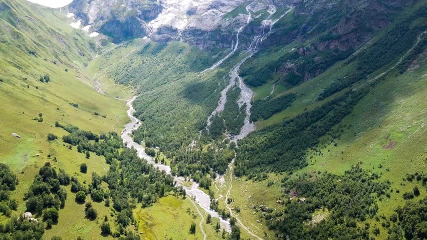 Aerial drone view of Sofia waterfalls Western Caucasus, Arkhyz, Karachay-Cherkess Republic. High quality 4k footage