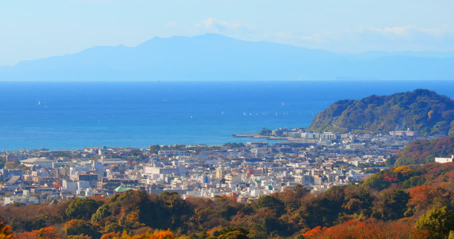 Residential area and sea seen from the top of a mountain in Kamakura