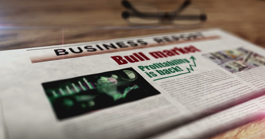 Bull market business success and financial growth daily newspaper on table. Headlines news abstract concept 3d.