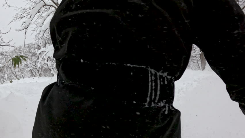 POV: Two snowboarders carve through fresh snow in Hokkaido’s scenic backcountry. A snowboarder in a yellow jacket weaves between trees, capturing dynamic action and untouched powder in stunning detail