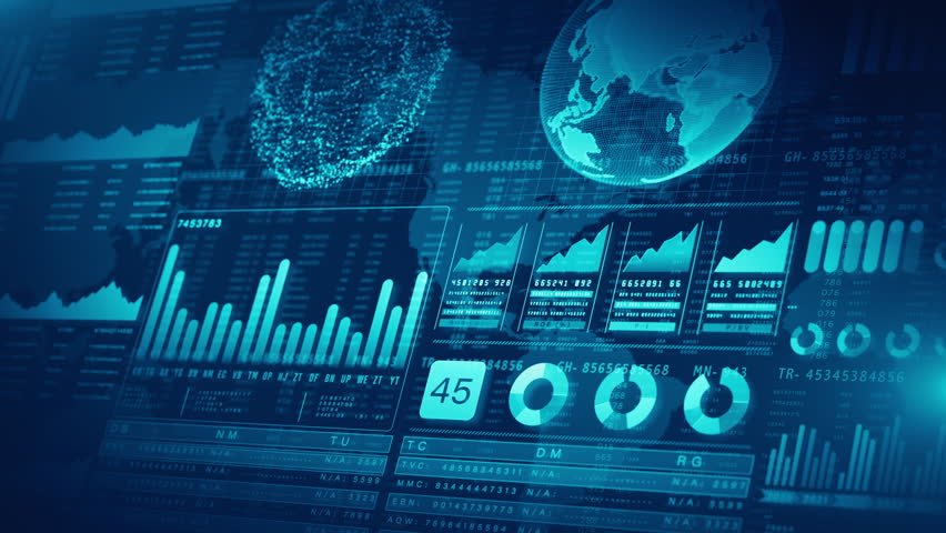 High-tech global data dashboard with blue analytics, bar graphs, world map visuals, and advanced statistics. Perfect for technology. and Business and financial investment strategy, background 4k
