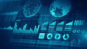 High-tech global data dashboard with blue analytics, bar graphs, world map visuals, and advanced statistics. Perfect for technology. and Business and financial investment strategy, background 4k - Powered by Shutterstock - Get 15% off with code: PIKWIZARD15