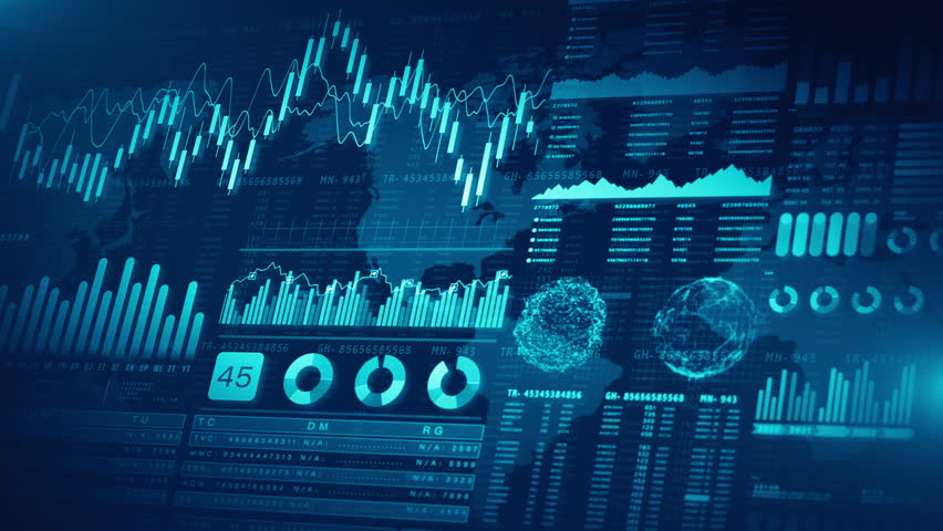 High-tech global market dashboard featuring analytics, line graphs, bar charts, and interconnected data visuals in blue tones. Ideal for Business and financial investment strategy, background 4k - Powered by Shutterstock - Get 15% off with code: PIKWIZARD15