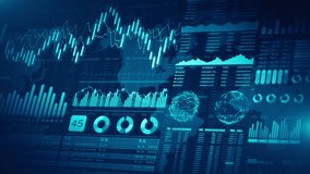 High-tech global market dashboard featuring analytics, line graphs, bar charts, and interconnected data visuals in blue tones. Ideal for Business and financial investment strategy, background 4k - Powered by Shutterstock - Get 15% off with code: PIKWIZARD15