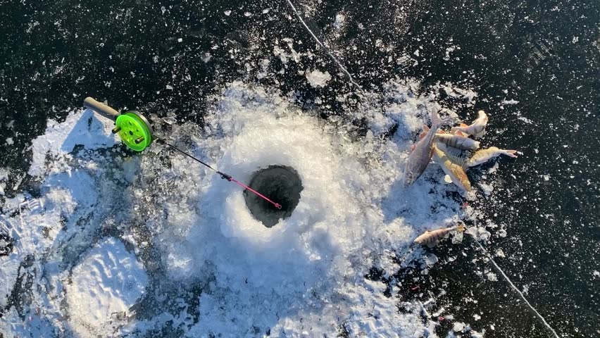 Winter fishing on the lake. Perch and chub fishing in winter. Ice fishing hole in thick ice and fishing tackle