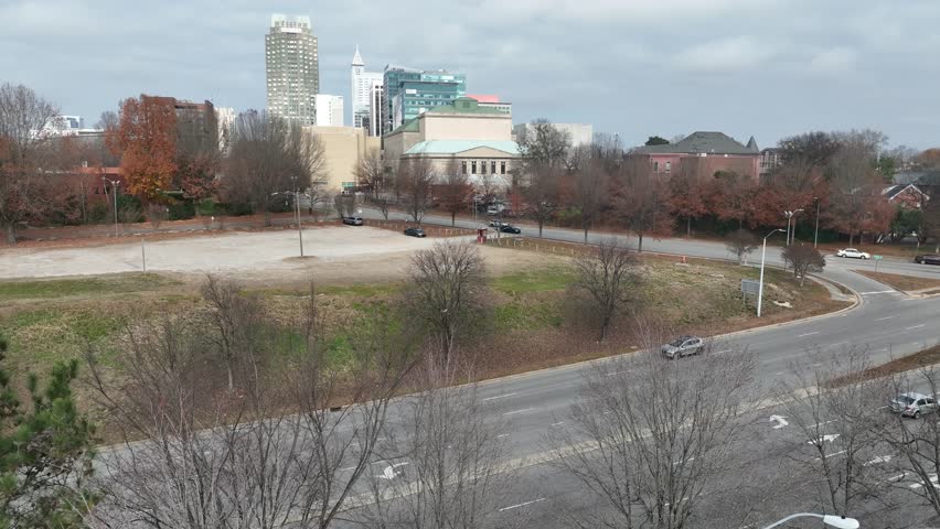 Low altitude aerial view of the Raleigh skyline.