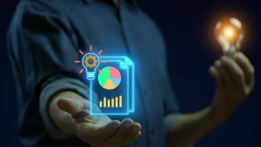 Idea to profit icon. Concept of implementing a business idea and generating income. Bright Idea for Financial Growth. Businessman shows lightbulb icon glowing over a graph document on virtual screen.