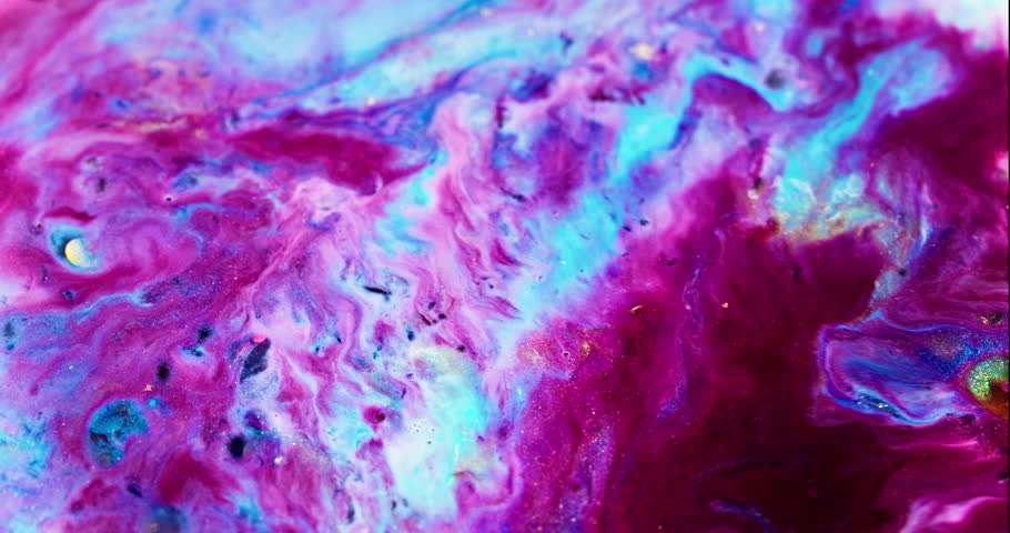 Colorful marble. Paint mix. Blue pink wavy spread with sparkling glitter. Bright ink shades overflow effect fantasy stone blur surface.
