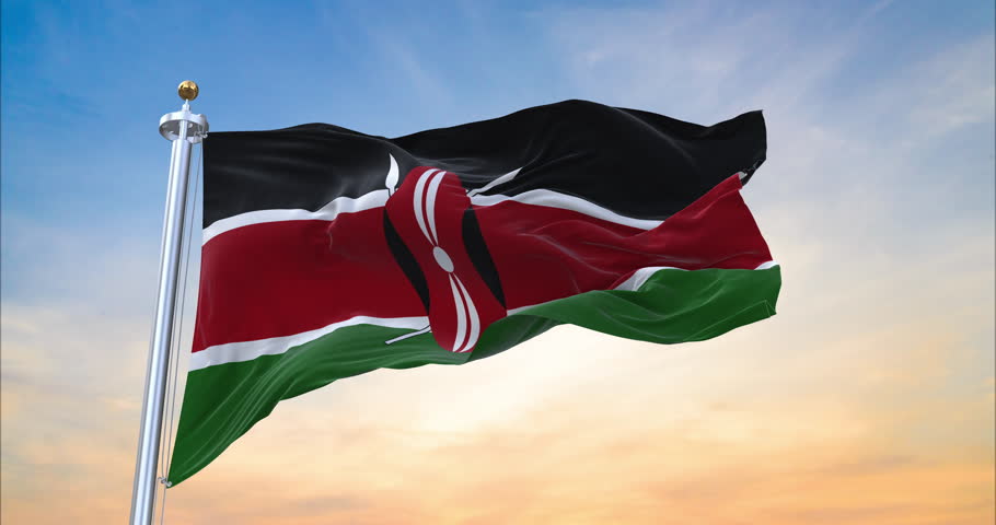 Flag of Kenya realistic waving in the wind with sundown background (Perfect Loop)
