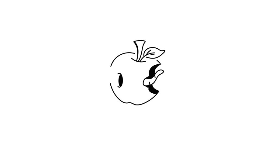 A doodle animated icon of rotten apple with worm inside it 
