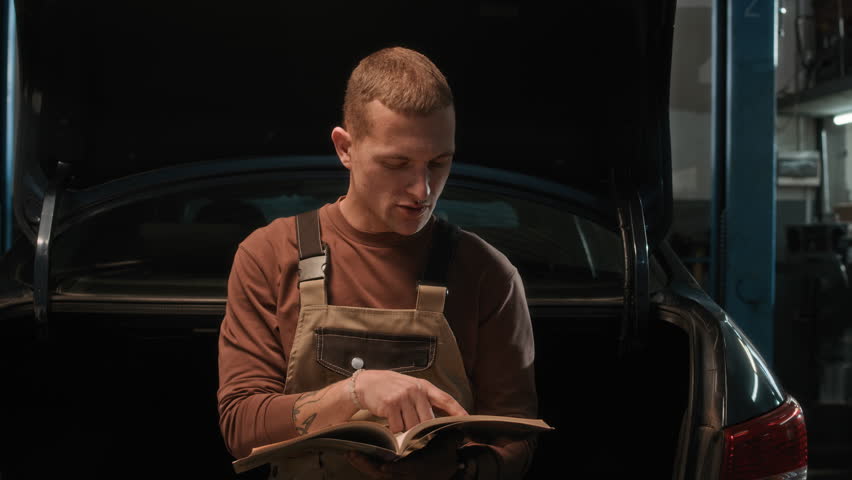 Medium shot of young Caucasian mechanic in uniform reading repair manual while working in garage