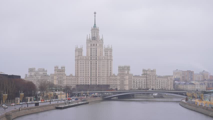 The Moskva River flows through Moscow, Russia, and in its embankments rise many famous buildings, such as some of the Seven Sisters Skyscrapers in Stalinist style