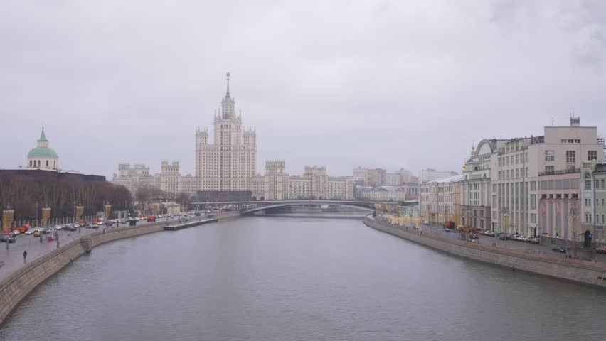 The Moskva River flows through Moscow, Russia, and in its embankments rise many famous buildings, such as some of the Seven Sisters Skyscrapers in Stalinist style