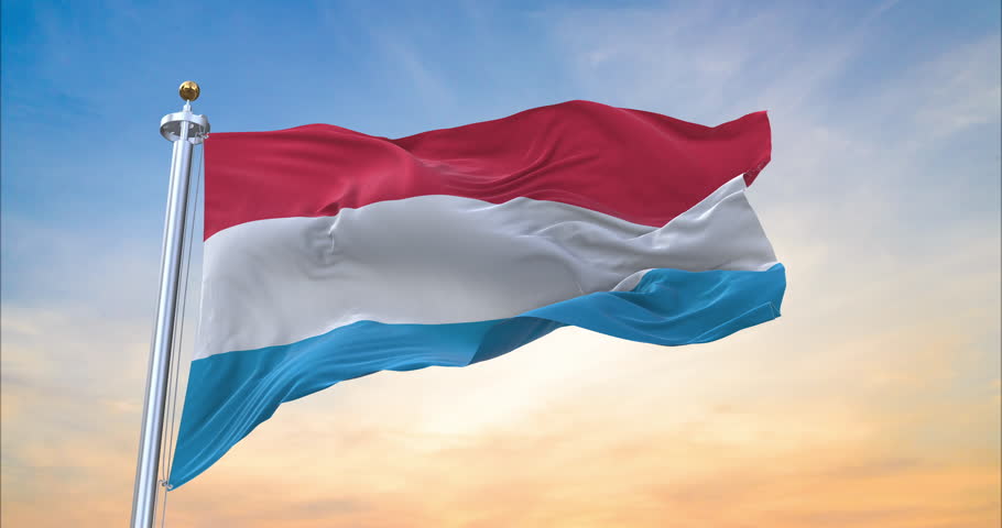 Flag of Luxembourg realistic waving in the wind with sundown background (Perfect Loop)