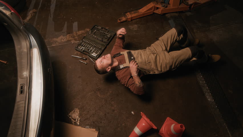 Directly above view of Caucasian workman in uniform doing mechanic work under car in garage