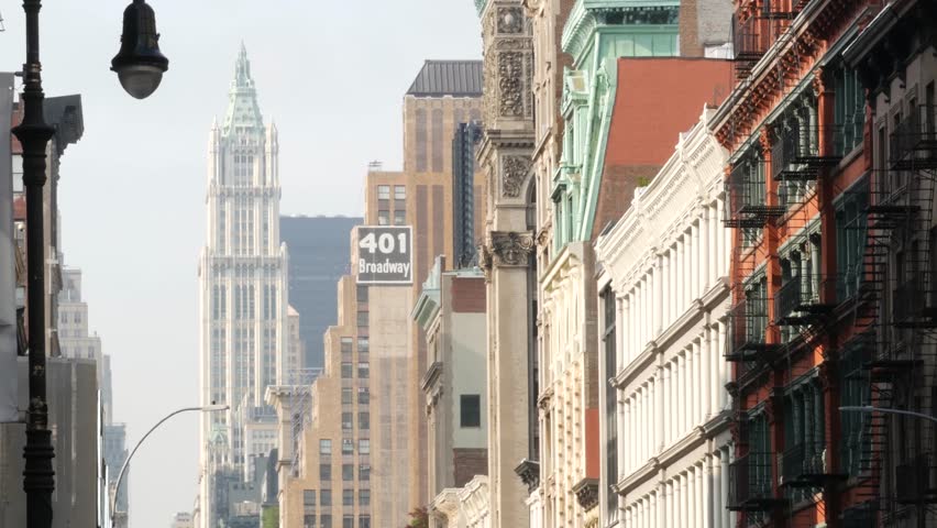 New York City Manhattan Soho fashion district, Broadway street. USA urban old american architecture. Shopping in NYC, United States. Business and residential real estate. Woolworth building. Lantern