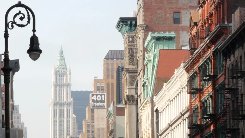 New York City Manhattan Soho fashion district, Broadway street. USA urban old american architecture. Shopping in NYC, United States. Business and residential real estate. Woolworth building. Lantern